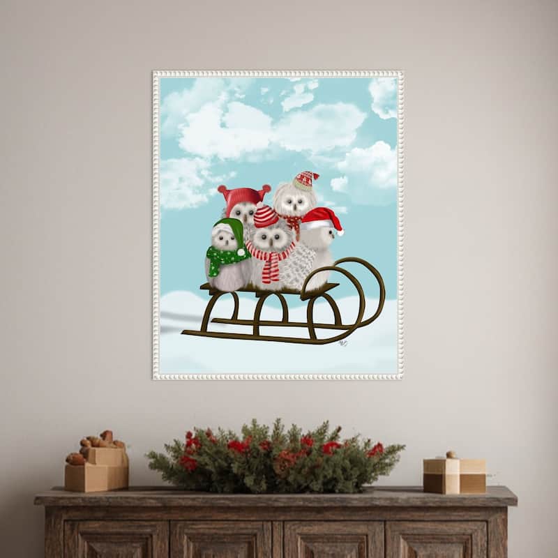 Christmas Christmas Owl Sled by Fab Funky (23 x 28 in.), Framed Canvas Wall Art Print - Sylvie Beaded White