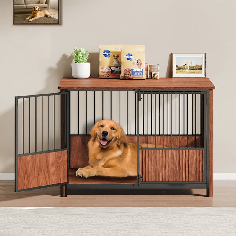 43'' Fluted Wood Dog Crate with 3 Doors, Indoor Decorative Dog Crate End Table, Dog Kennel Cage for Small to Medium Dogs - Walnut