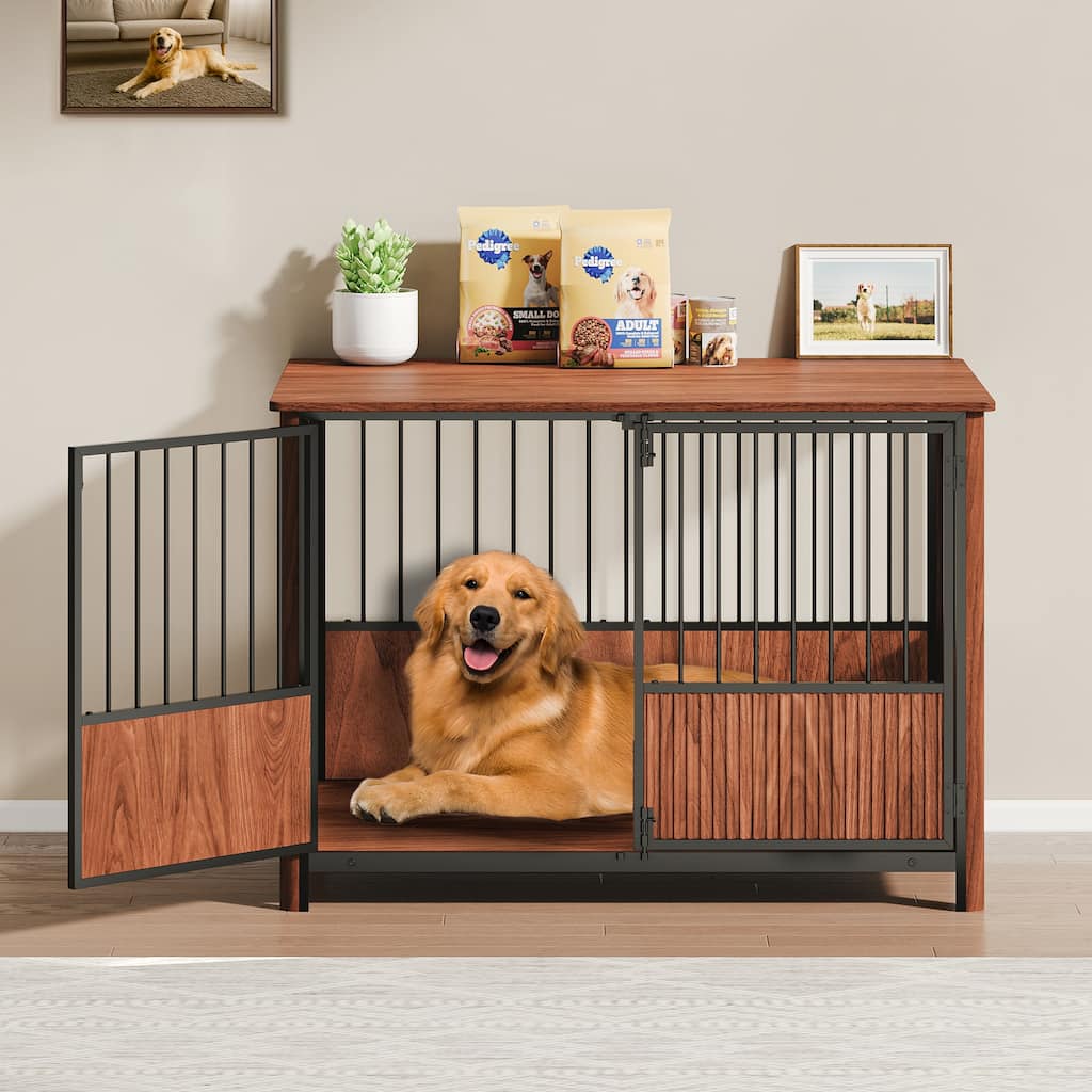 43'' Wooden Dog Crate with Metal Fences and 2 Doors for Large and Medium Dogs