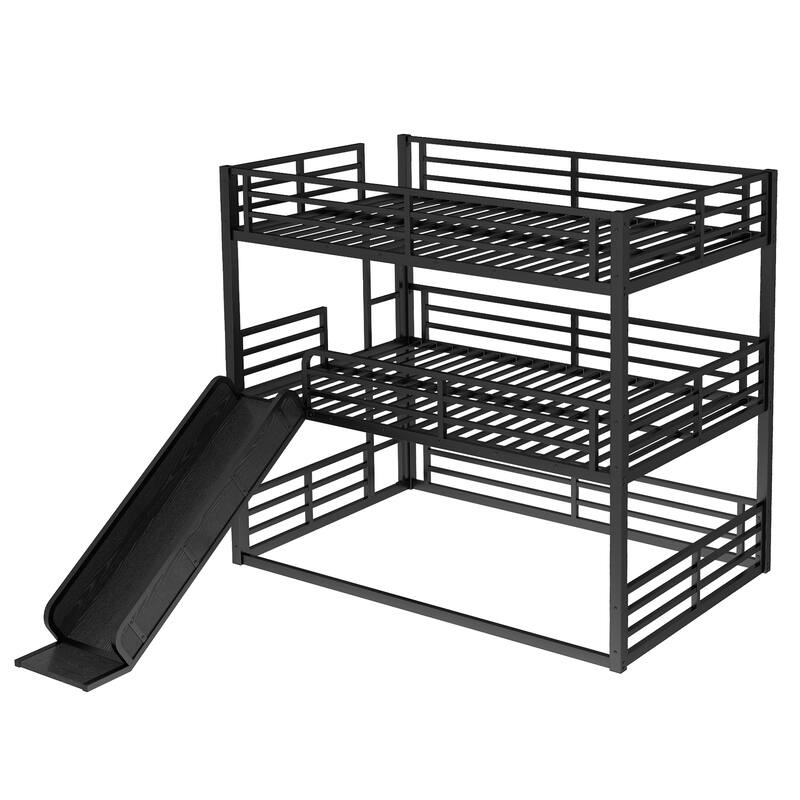 Twin/Twin/Full Triple Bunk Bed with Slide - Metal Frame, Safety Guardrails, Noise-Reduced (Black)