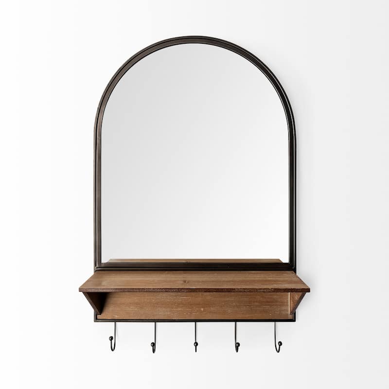 Neville Black Metal and Brown Solid Wood Shelf With Hooks Arched Mirror - 30" x 20"