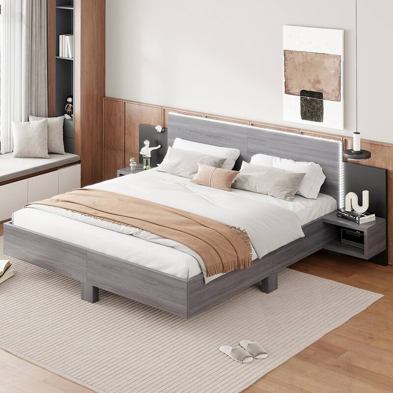 Wooden Floating Platform Bed, with LED Lights and Bedside Nightstand