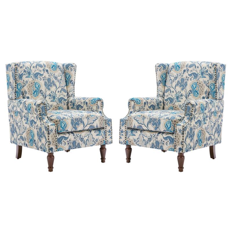 2 Set Transitional Patterned Wingback Accent Chairs with NailHead