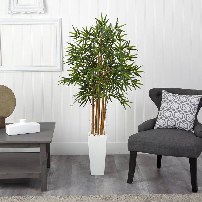 Nearly Natural Green 5-foot Bamboo Tree in White Tower Planter