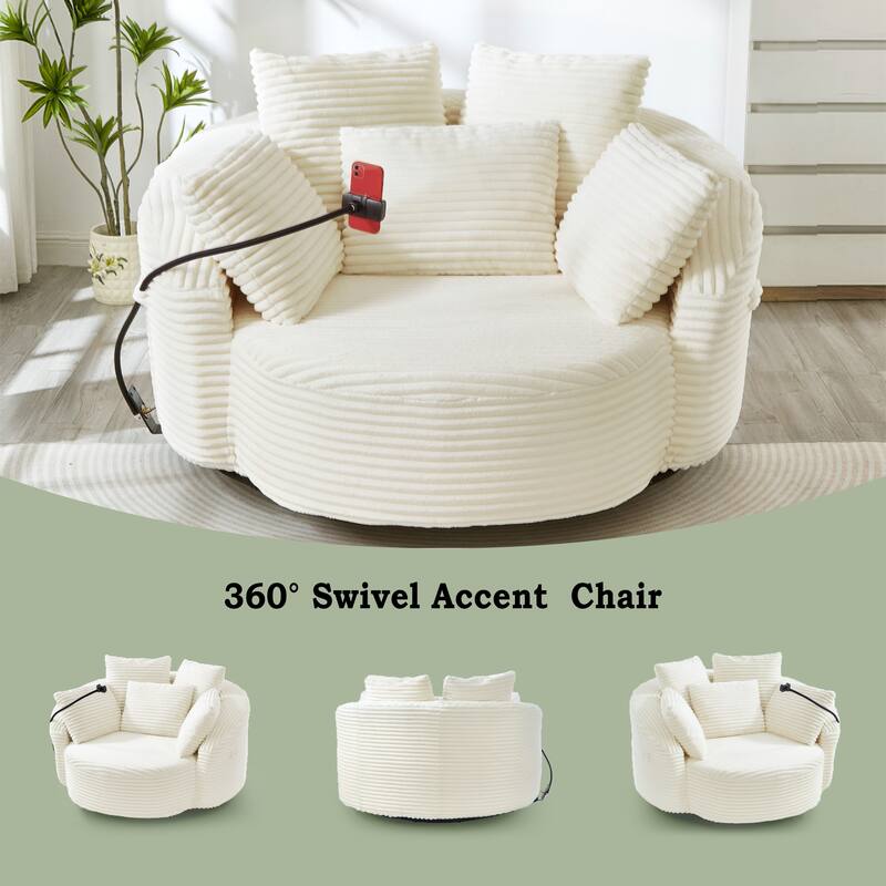 Roomfitters 360 Swivel Barrel Accent Chair with Adjustable Phone Holder and 5 Throw Pillows, Corduroy