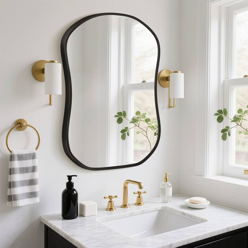 Gourd-Shaped Aluminum Alloy Framed Wall Mirror Asymmetrical Irregular Wall Mirror - 24"x32" - Black