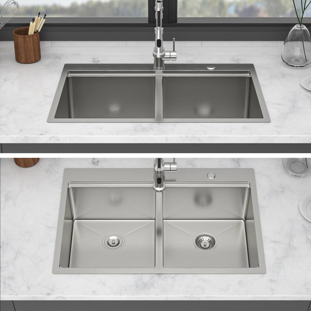 33" Drop-in 16 Gauge Double Bowl Stainless Steel Kitchen Sink in Brushed Nickel - 33'' x 22'' x 10''