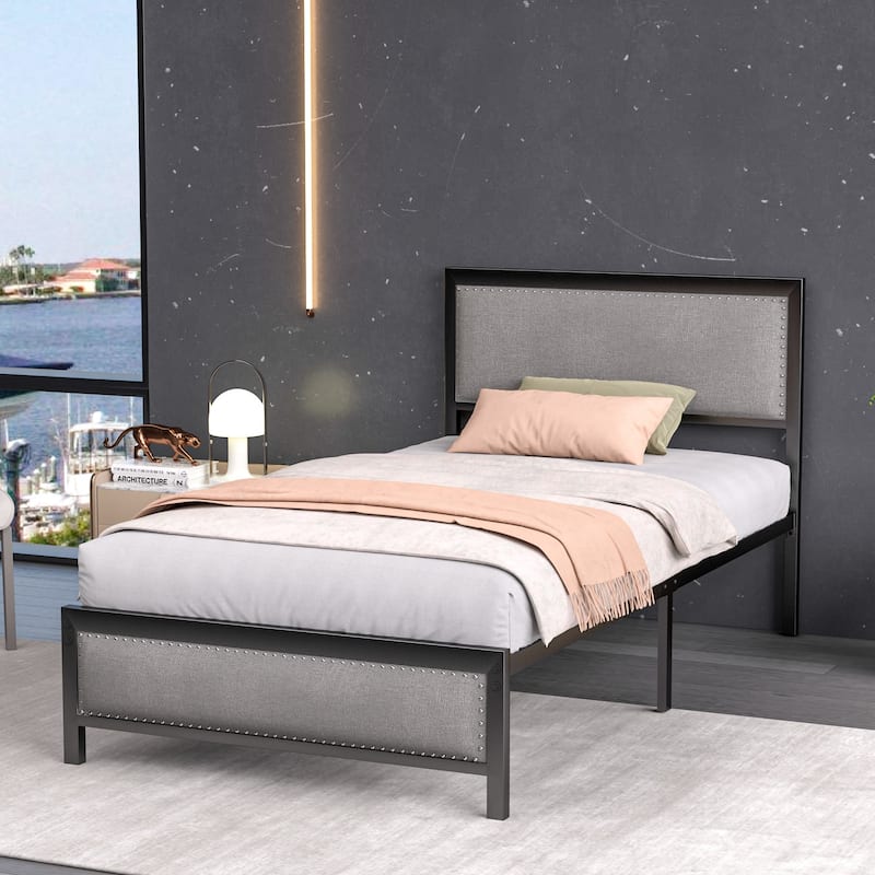 2 Pack Twin Upholstered Bed Set 40" Wide Bed with Nailhead Trim 12.6" Underbed Space & Padded Headboard Footboard