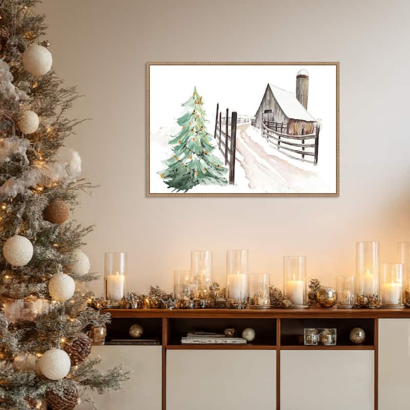Snowy Vermont Farm by Patricia Pinto (33 x 23 in.), Framed Canvas Wall Art Print - Sylvie Beaded Rustic Natural