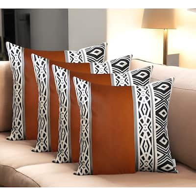 Set of Four 17" Brown Black and White Geometric Fabric and Faux Leather Throw Pillow Covers