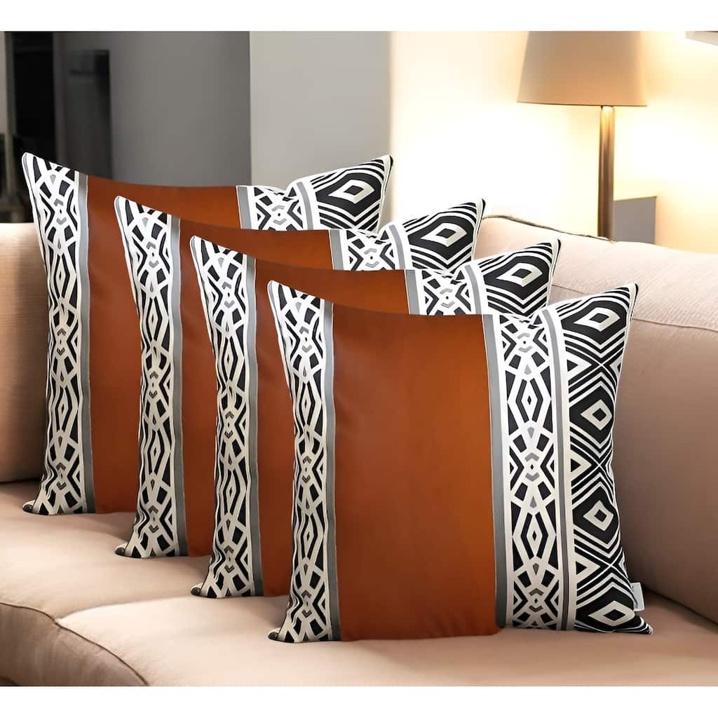 Set of Four 17" Brown Black and White Geometric Fabric and Faux Leather Throw Pillow Covers