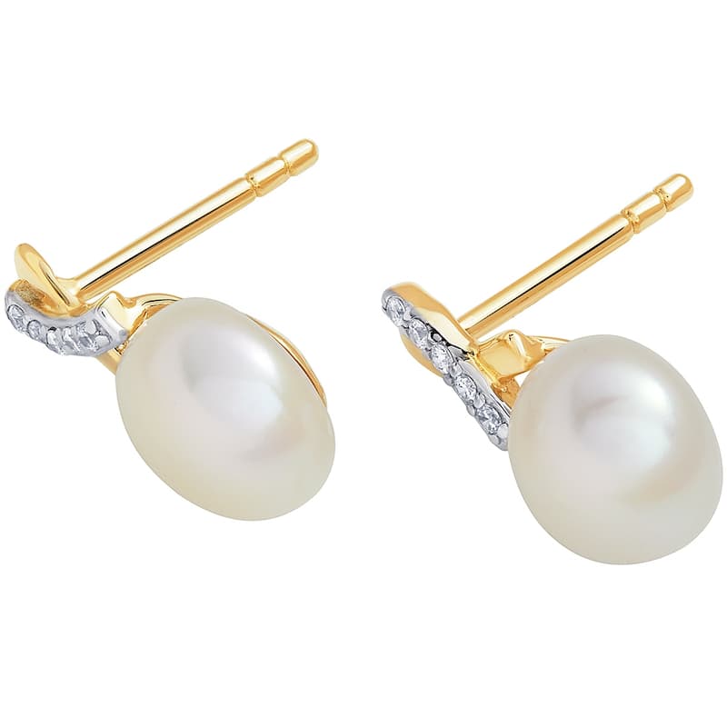 14k Yellow Gold Freshwater Pearl Infinity Solitaire Stud Earrings