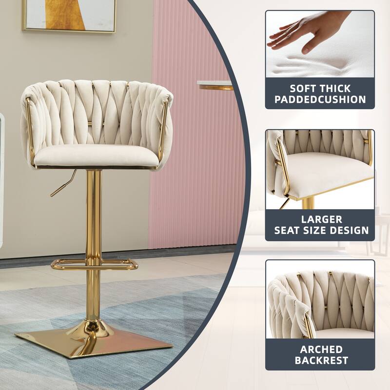 Velvet 360 Swivel Adjustable Height Lifting Vintage Bar Stools(set of 2) with Footrest