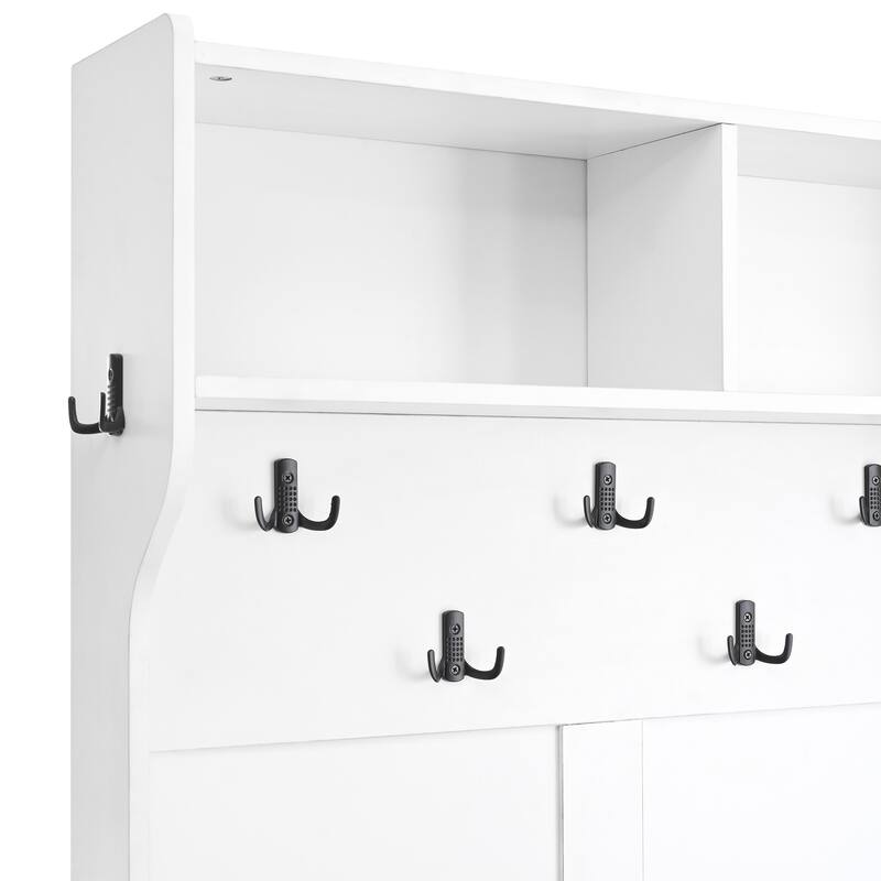Barn Doors Hall Tree with Movable Bench, Entryway Bench with 7 Hooks and Shoe Cabinet, 76.9"H Rolling Coat Rack Coat Rack