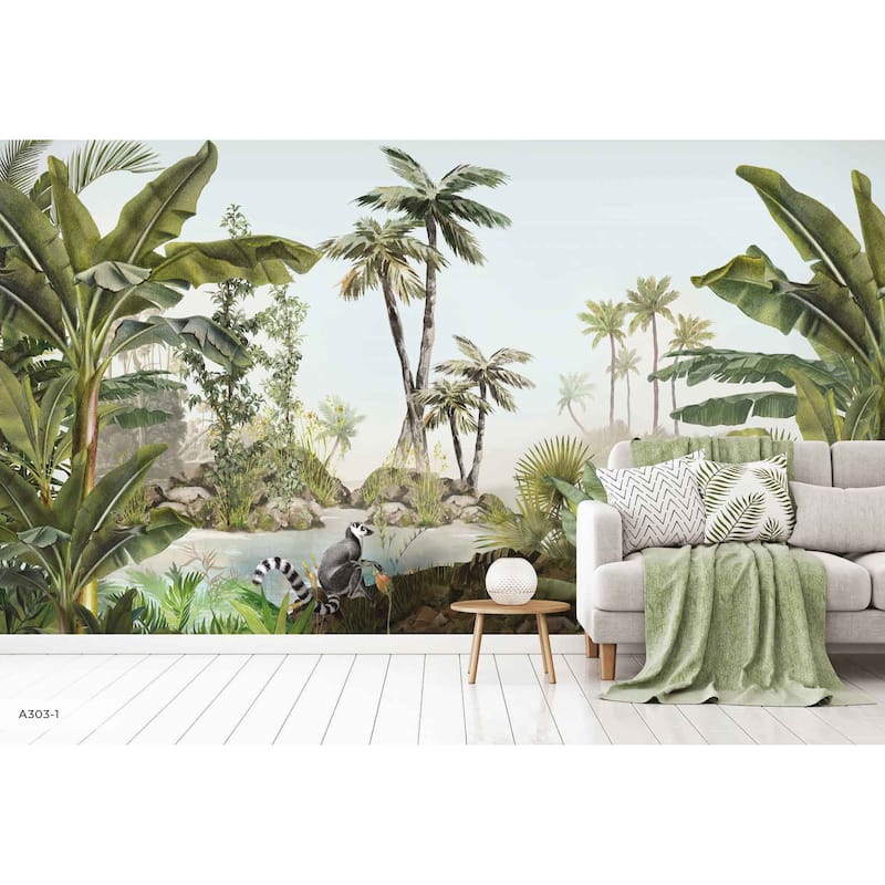 Tropical Lemur Paradise Wallpaper Mural - Green - W:204" x H:110"