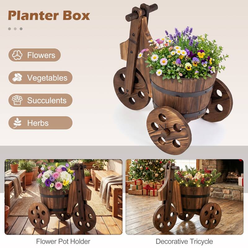 Gymax Rustic Wood Tricycle Planter w/Barrel Pot & Drainage for Patio