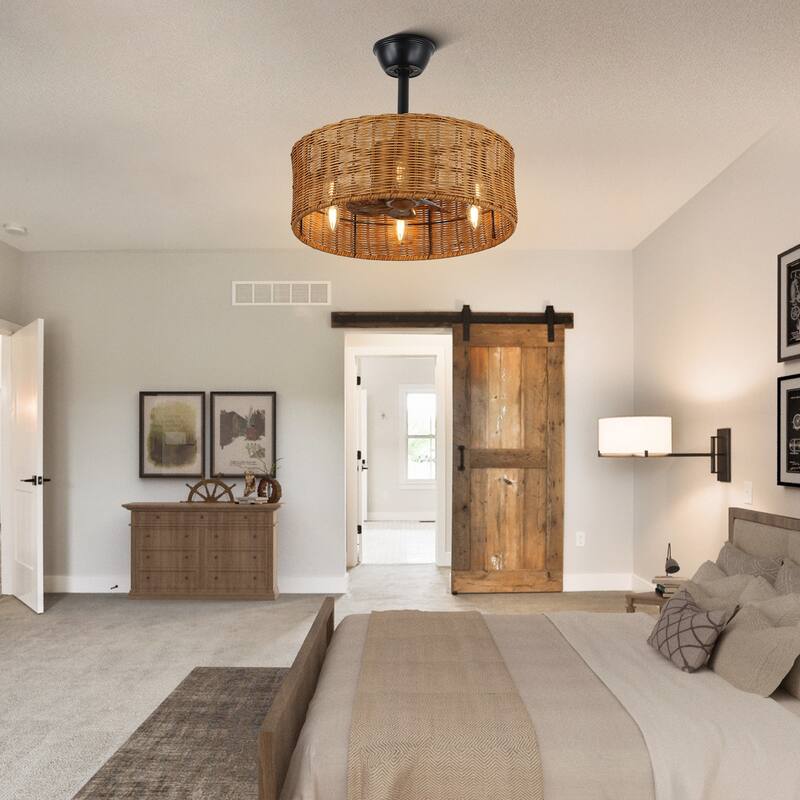 Bella Depot 18" Rustic Rattan Ceiling Fan 6-Speed Reversible Fan with 4 Light and Remote DC Motor