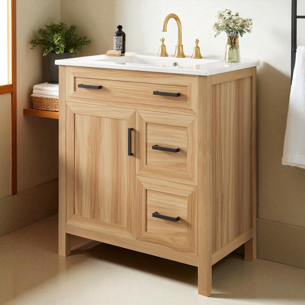 30'' Bathroom Vanity with Sink, Solid Wood Frame, 1 Soft-Close Door, 2 Drawers, Adjustable Shelf, Modern Storage Cabinet