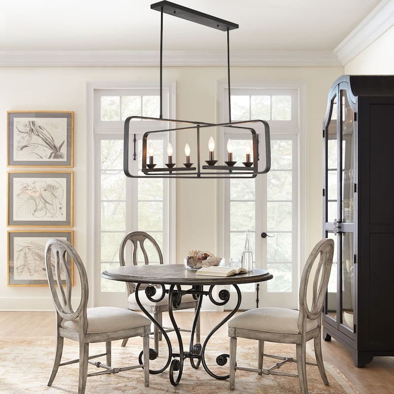 CurveCurio 42" Modern Matte Black Flush Mount Adjustable Dining Light, 6-Lights Fixture with Two Dwonrod for Dining Room