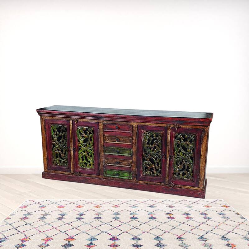 HomeRoots 84" Brown Gray and Green Solid Wood Five Drawer Buffet Table with Four Doors - 84.00 in. x 36.00 in. x 16.00 in. - 84.00 in. x 36.00 in.  x 16.00 in.