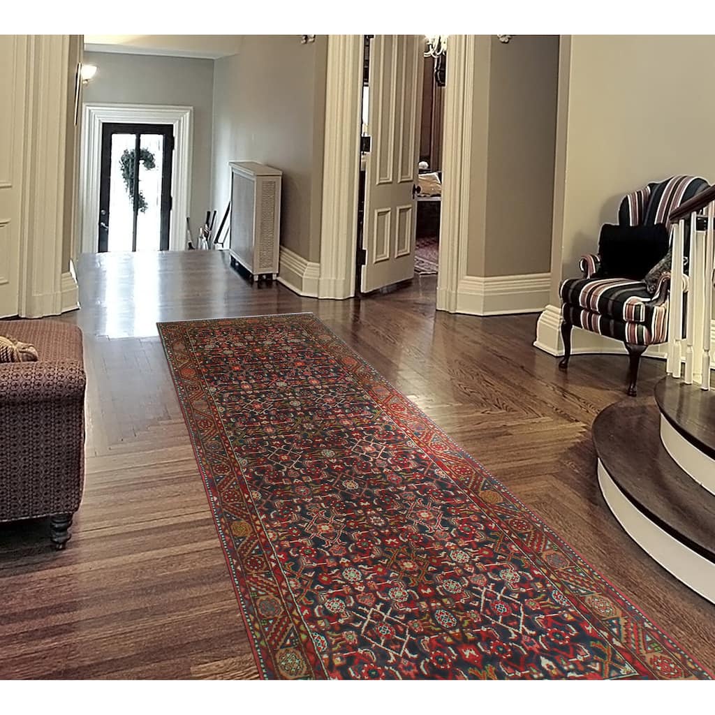 Fine Vintage Distressed Afsoon Navy/Red Runner - 3'10" x 10'10"