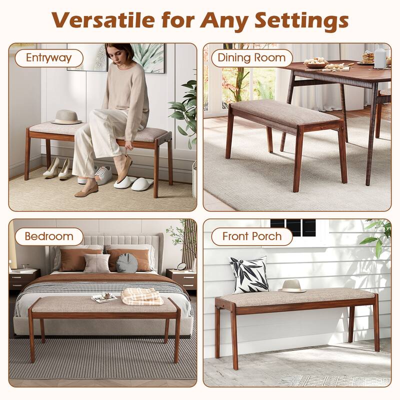 Natural Rubber Wood Dining Bench with Beige Faux Linen Padded Seat and Anti-Slip Pads - 45" L x 17" W x 19" H