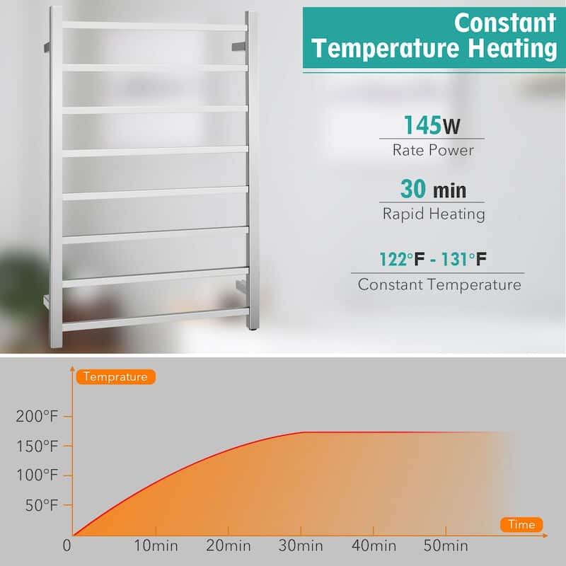 145W Electric Towel Warmer Wall Mounted Heated Drying Rack 8 Square Bars