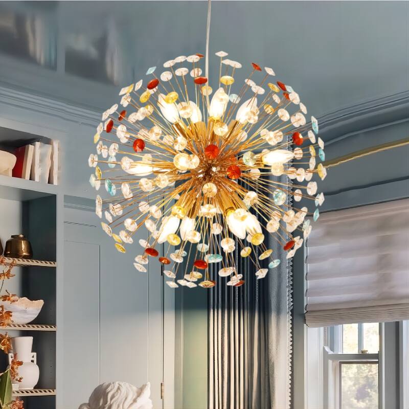 12-Light Modern Glam Sputnik Round Colorful Chandelier Globe Starburst Crystal Beaded Firework Chandelier - 21.6 in. W
