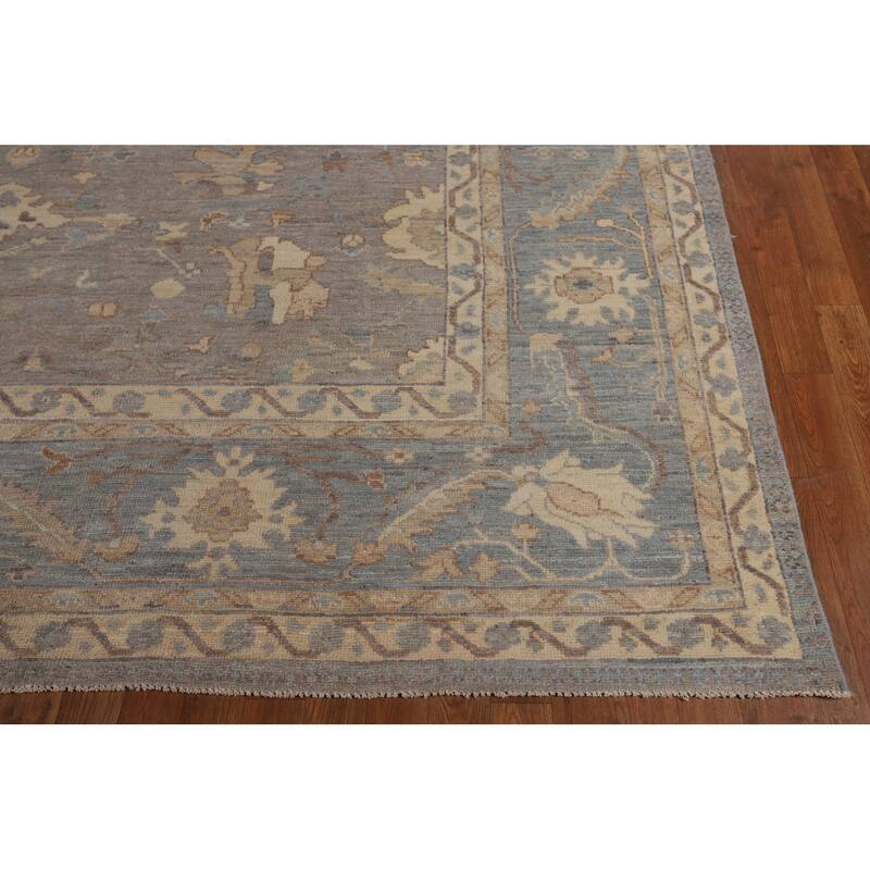 Vegetable Dye Floral Oushak Turkish Rug Hand-Knotted Grey Wool Carpet - 9'4"x 11'8"