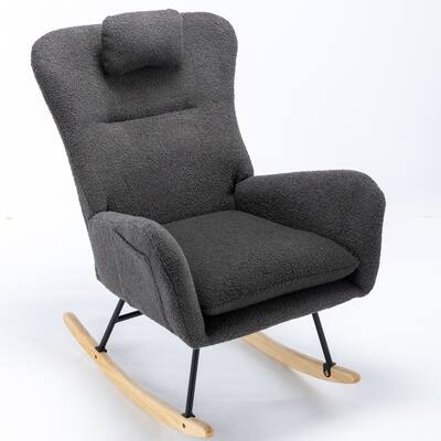 Soft Teddy Fabric Rocking Chair Comfy Wingback Glider Rocker with Safe Solid Wood Base for Living Room (grey)