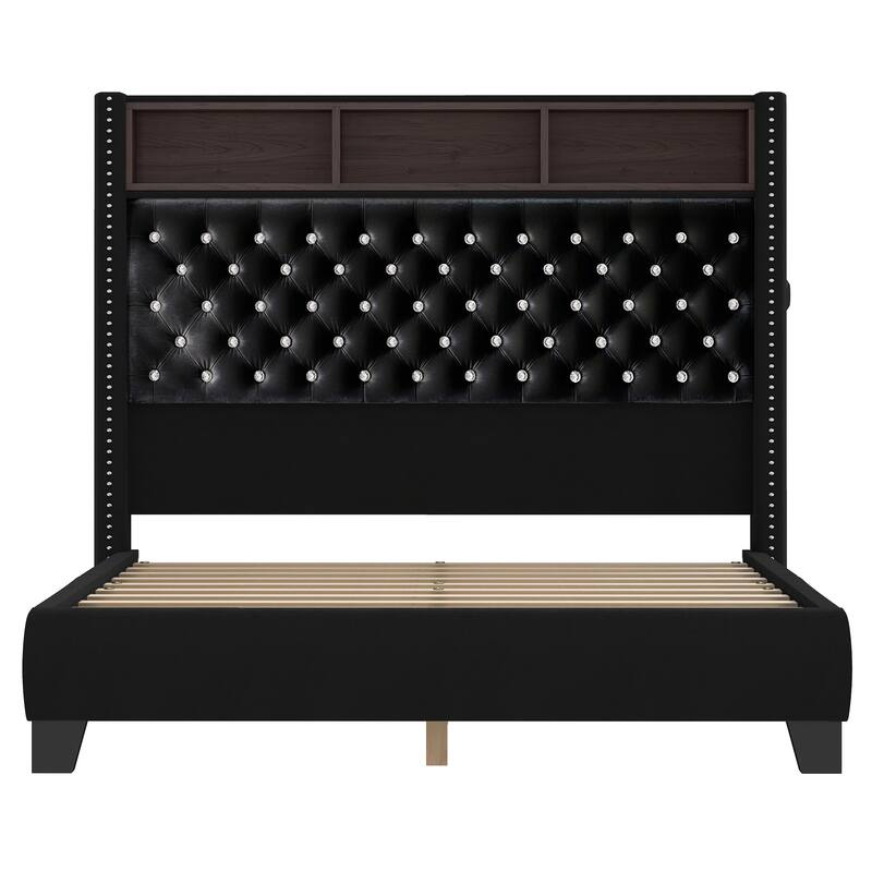 58" Tall Wingback Storage Headboard Bed Frame with USB Charging Stations and Deep Button Tufted