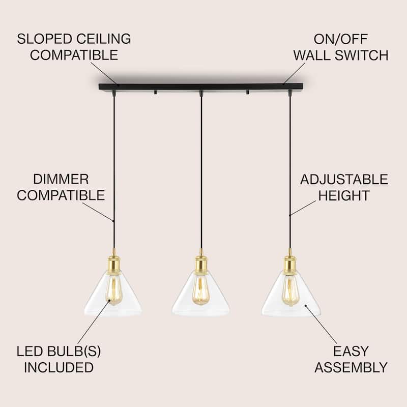 Kiawah Island 30.5" 3-Light Metal/Glass Contemporary Modern LED Pendant, Brass Gold/Black by JONATHAN Y