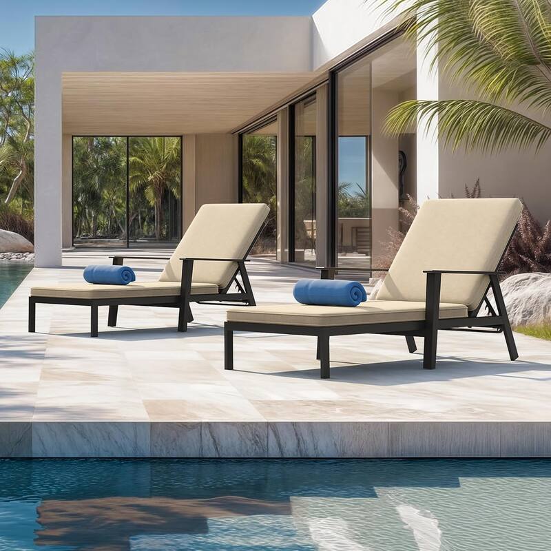PURPLE LEAF Adjustable Chaise Lounge - Thick Cushioned Outdoor Recliner with Side Table, for Patio, Beach & Backyard (Khaki) - 2 Pcs Beige (2 Chairs)