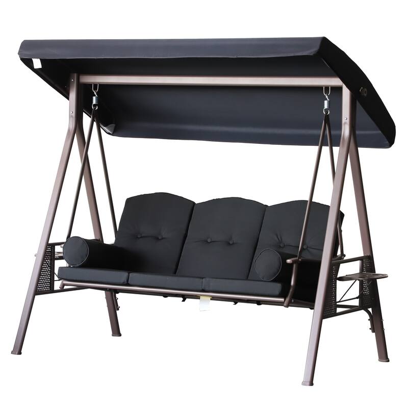 Outsunny Outdoor Patio 3-Person Canopy Cushioned Seat Bench Swing with Included Side Trays & Padded Comfort