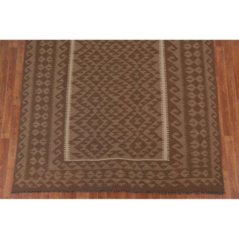 Hand Woven Oriental 100% Wool Carpet Southwestern Geometric Brown Kilim Area Rug - 9' 10'' X 6' 7''