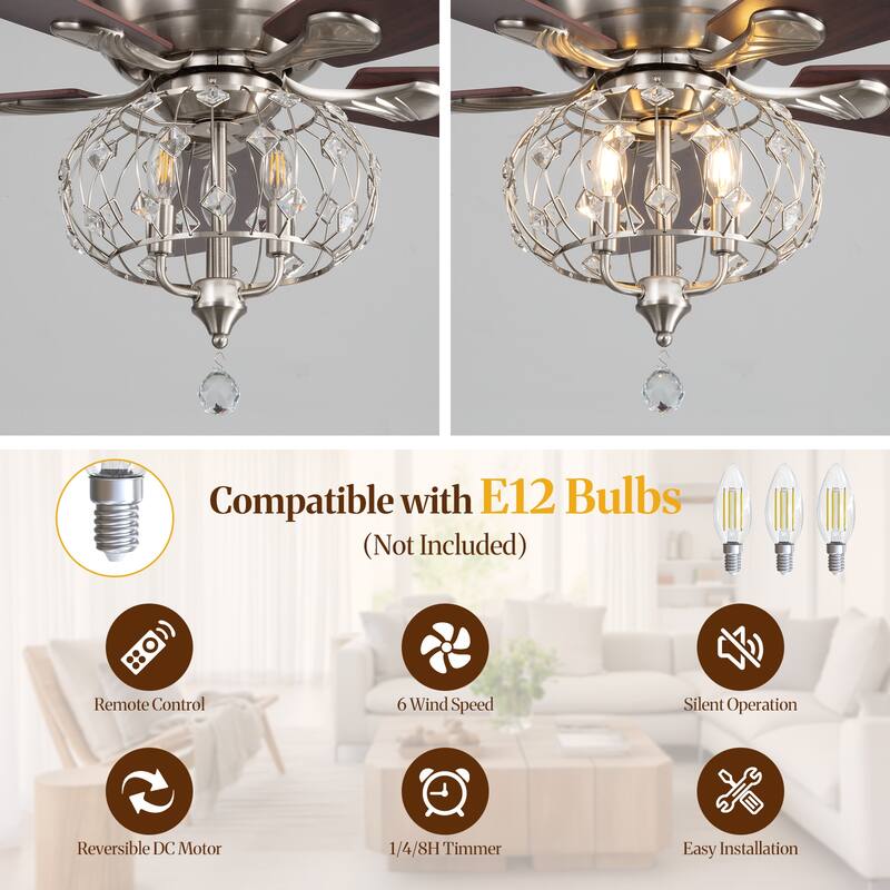 Sofucor 52" Ceiling Fan with Light Remote, Classical Crystal Chandelier fan, 5 Reversible Blades & Reverse Airflow - 52 Inches