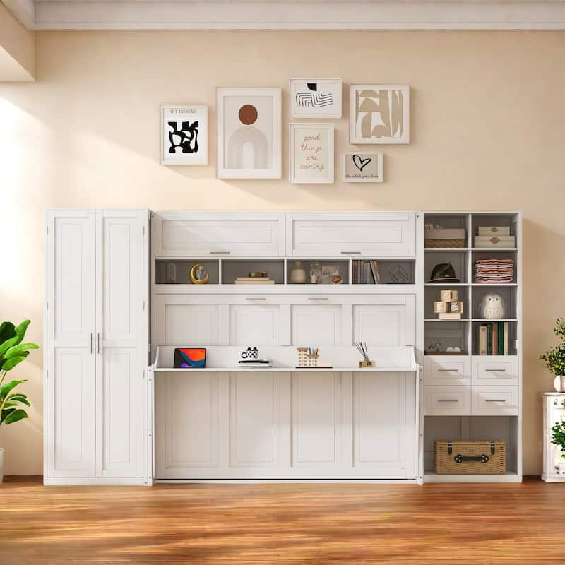 Full Size Murphy Bed with Built-In Wardrobe and Storage Drawers - Space-Saving Foldable Cabinet Design - White
