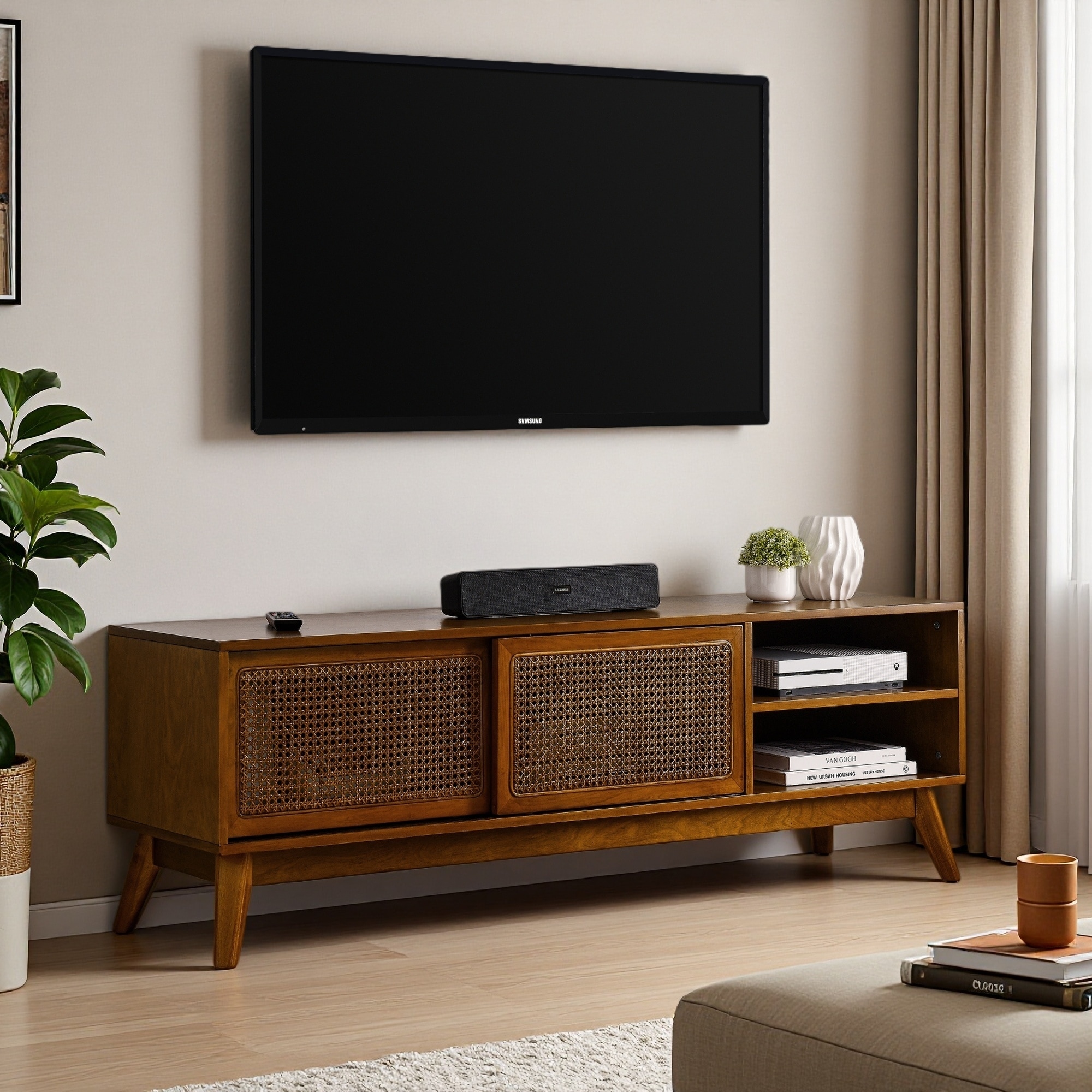 59" Mid Century Modern Rattan TV Stand for 65" TV, Entertainment Cabinet with Solid Wood Feet, Sliding Doors, Media Console