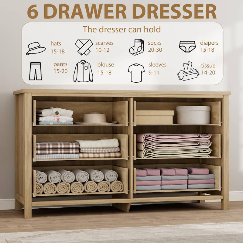 Boho Wide Drawer Dresser with Storage, Wooden Closet Dressers Chest of Drawers Freestanding for Bedroom