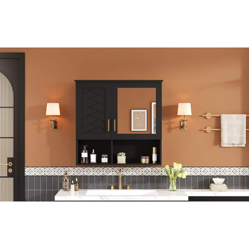 Rossetta Wall Mounted Elegant Sculpted Lines Pattern Bathroom High-Define Mirror Cabinet with Adjustable Shelves - Black