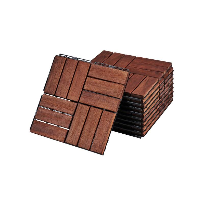 30 PCS Interlocking Deck Tiles Checker Pattern, 12" x 12" Square Acacia Hardwood Outdoor Flooring for Patio,Bancony,Pool Side