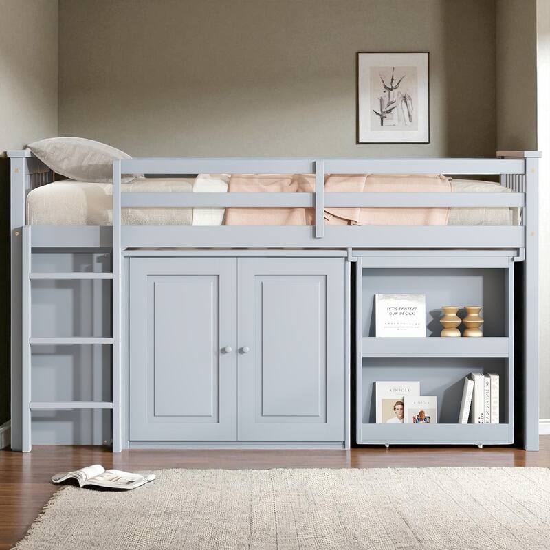 Twin Loft Bed with Pull-Out Desk, Storage Cabinets & Drawers, Rubber Wood, Guardrail & Ladder, Gray