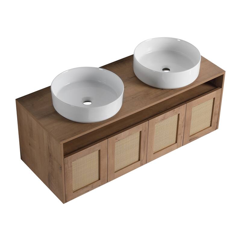 48" Bathroom Vanity with 2 Vessel Ceramic Sink Float Mounting Bathroom Storage Cabinet with 4-Soft Close Door