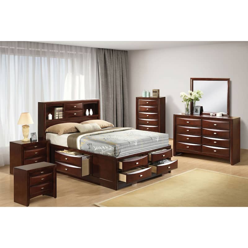 Furniture of America Brent 6-Piece Wood Platform Bedroom Set with Drawers and Bookcase Headboard - Dark Cherry - Queen