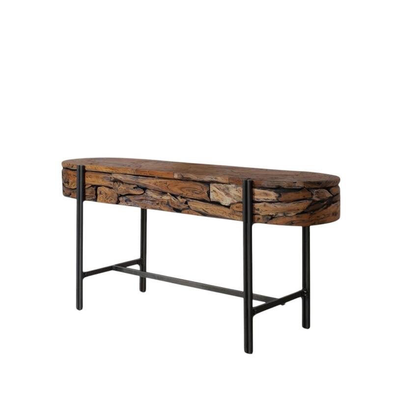 HomeRoots 55" Natural and Charcoal Reclaimed Wood and Metal Oval Trestle Console Table - 55.10 in. x 31.50 in. x 17.70 in.