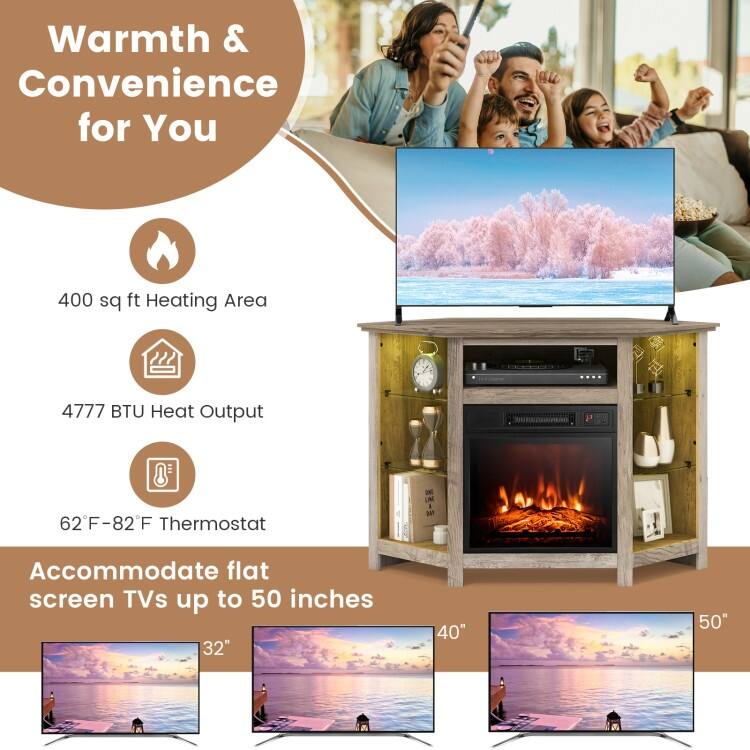 Electric Fireplace Corner TV Stand with LED Lights and Adjustable Glass Shelves - 45" x 22" x 30"