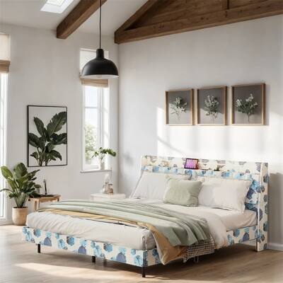 Queen Size LED Platform Bed with Headboard and Charging Station