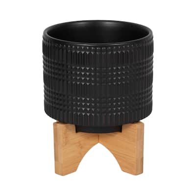 Black Ceramic Planter on Bamboo Stand Contemporary Embossed Tribal Design For Indoor or Outdoor Plants, Succulents,