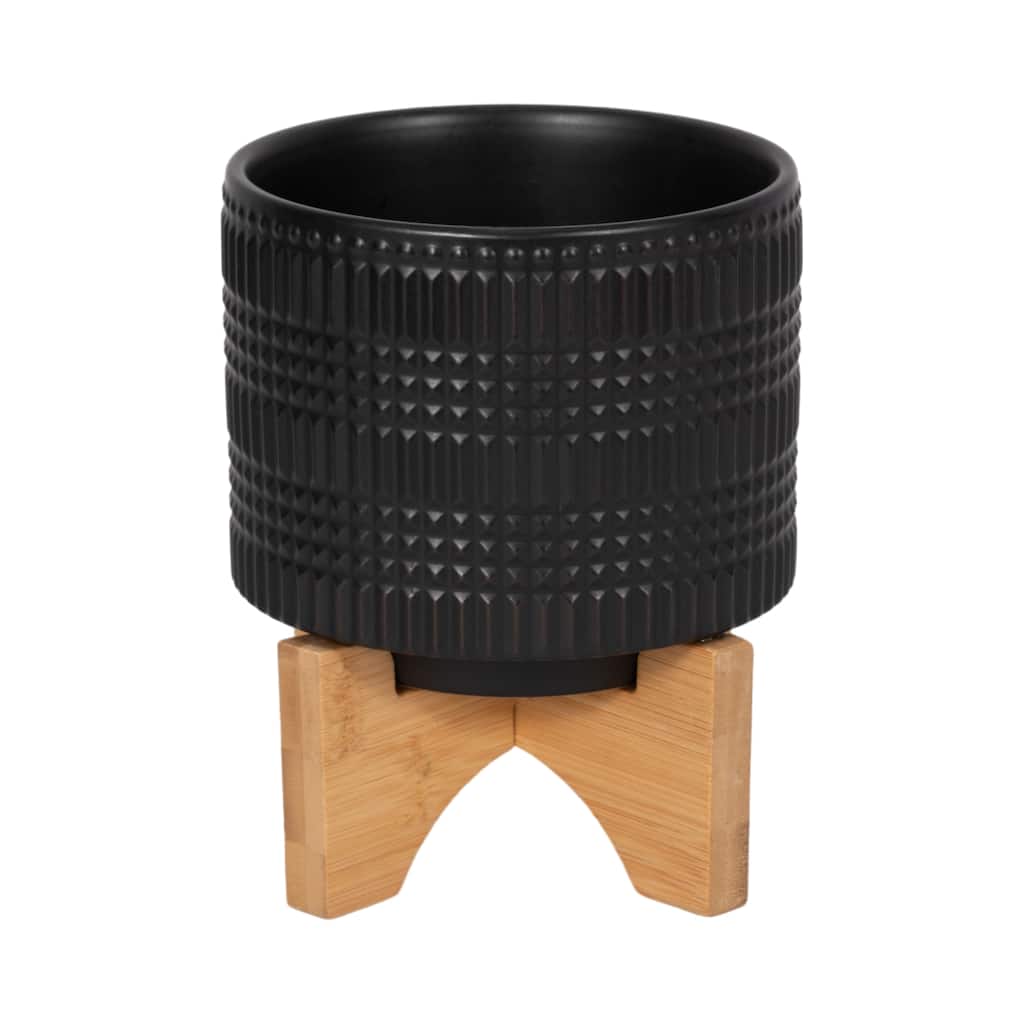 Black Ceramic Planter on Bamboo Stand Contemporary Embossed Tribal Design For Indoor or Outdoor Plants, Succulents,