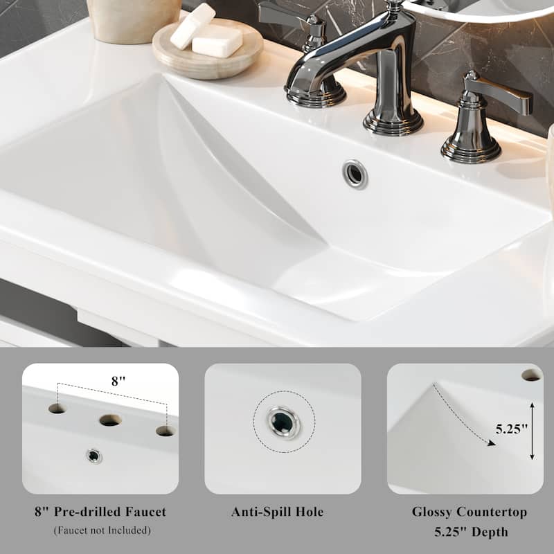 30" Modern Bathroom Vanity Set with Ceramic Sink - Adjustable Shelf & Tip-Out Tray, Soft-Close Hinges, Silver Knobs